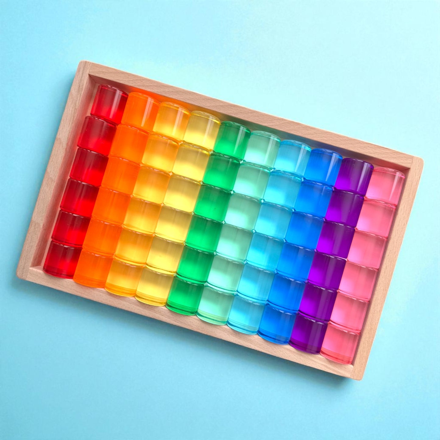 **pre-order (ships in 2-3 weeks)**60 pcs crystal-clear acrylic rainbow cylinders with wooden tray