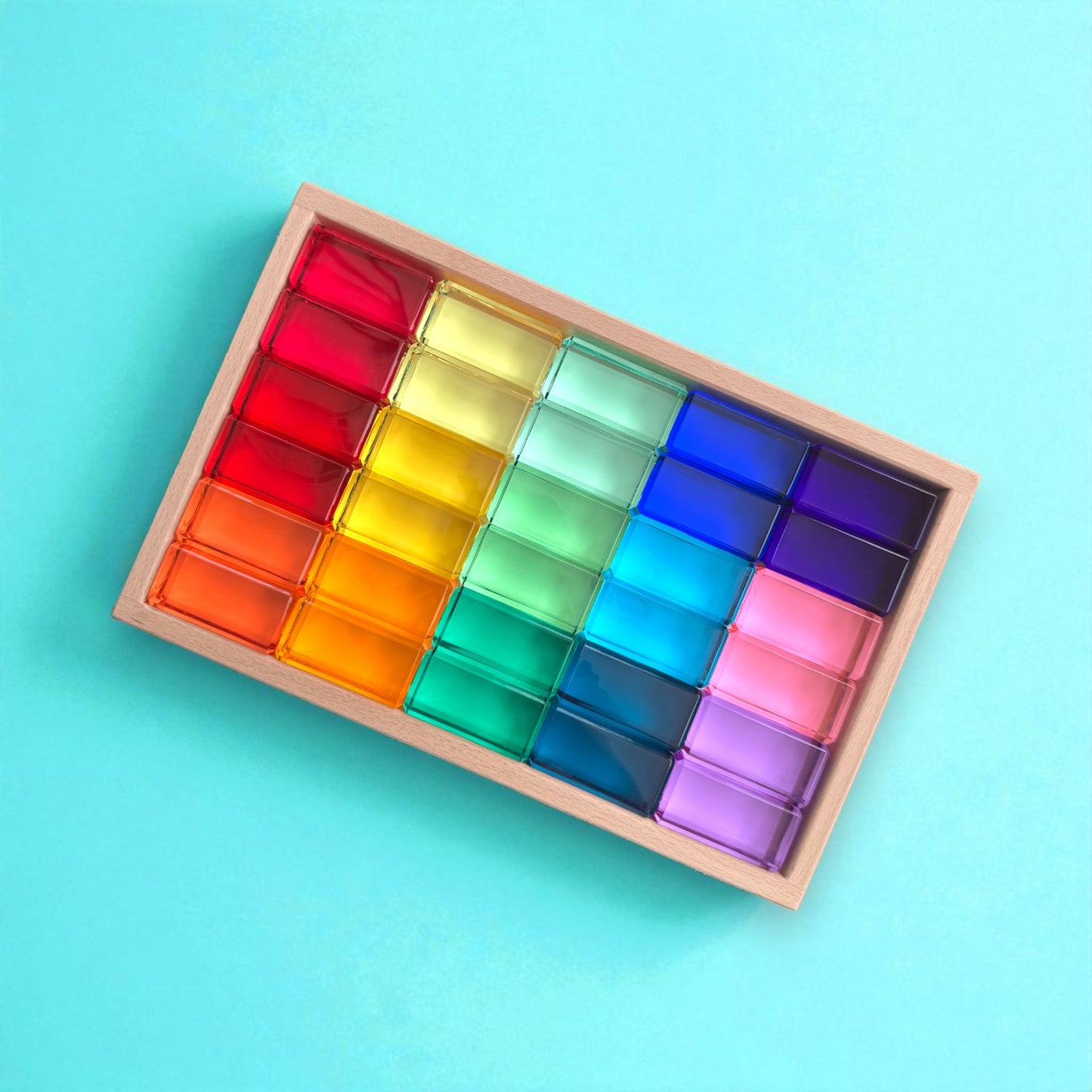30 pcs crystal-clear acrylic rainbow rectangular blocks with wooden tray