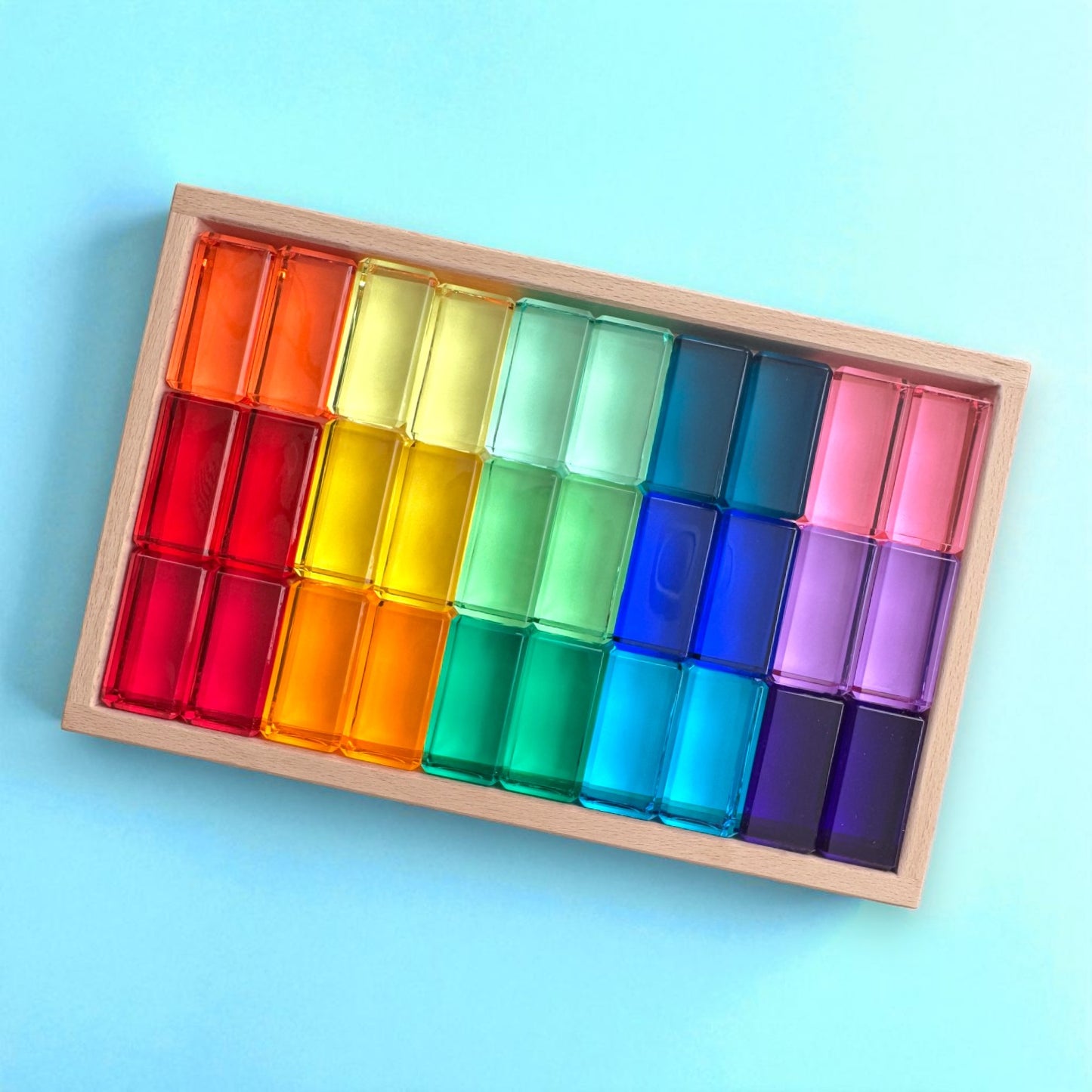 30 pcs crystal-clear acrylic rainbow rectangular blocks with wooden tray