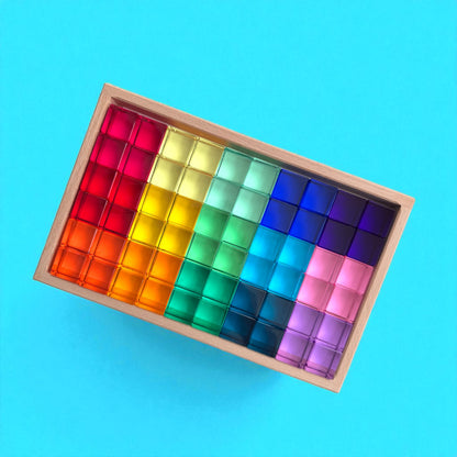 60 Pcs Crystal-Clear Acrylic Rainbow Cubes with Wooden Tray – 15 Colors