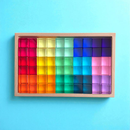 60 Pcs Crystal-Clear Acrylic Rainbow Cubes with Wooden Tray – 15 Colors