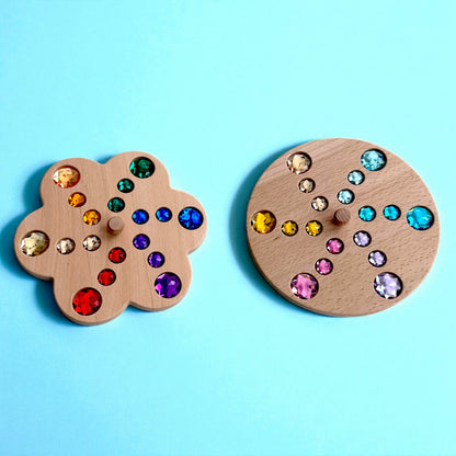 Wooden Gemstone Spinning Tops – Rainbow & Macaron Color (Flower & Round)