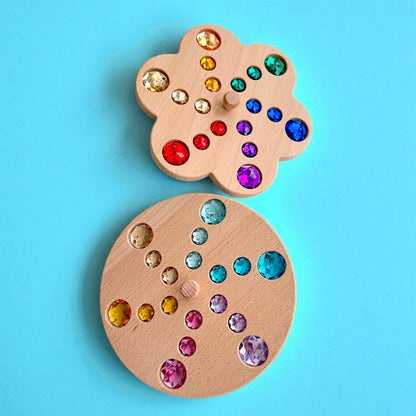 Wooden Gemstone Spinning Tops – Rainbow & Macaron Color (Flower & Round)