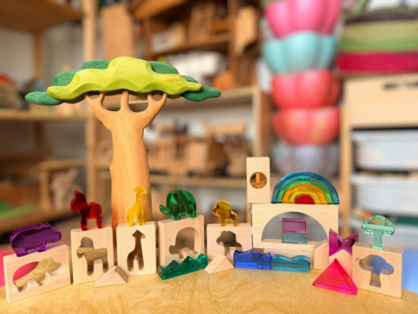 green elephant original design – wild rainbow safari blocks exclusive limited edition wooden & acrylic play set