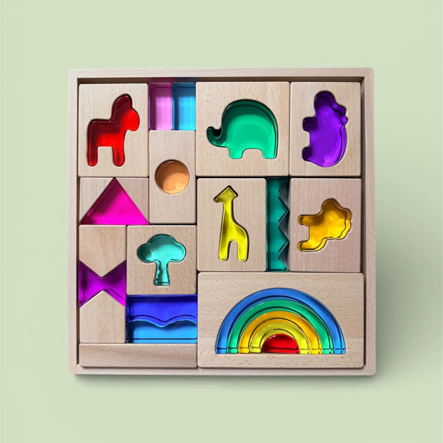 green elephant original design – wild rainbow safari blocks exclusive limited edition wooden & acrylic play set
