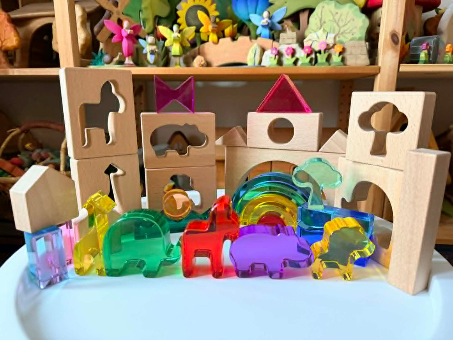 green elephant original design – wild rainbow safari blocks exclusive limited edition wooden & acrylic play set