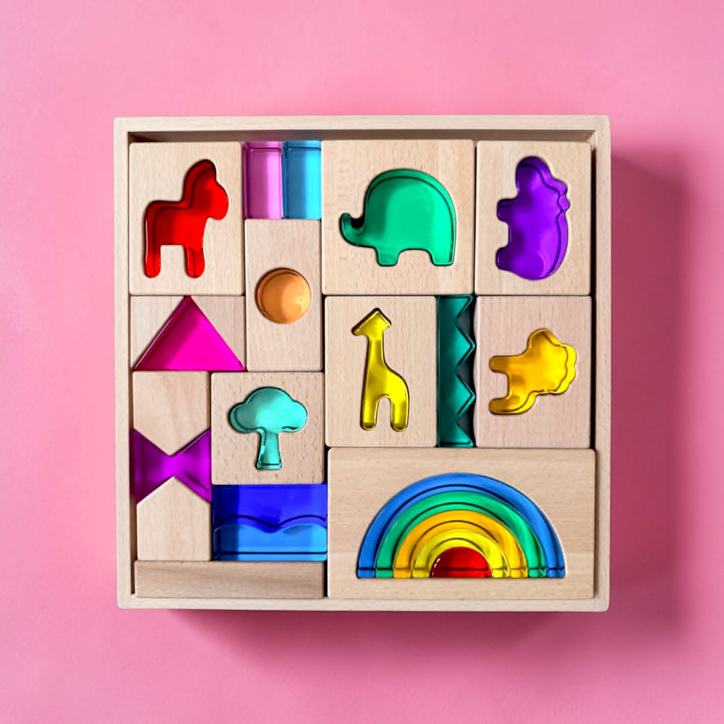 green elephant original design – wild rainbow safari blocks exclusive limited edition wooden & acrylic play set