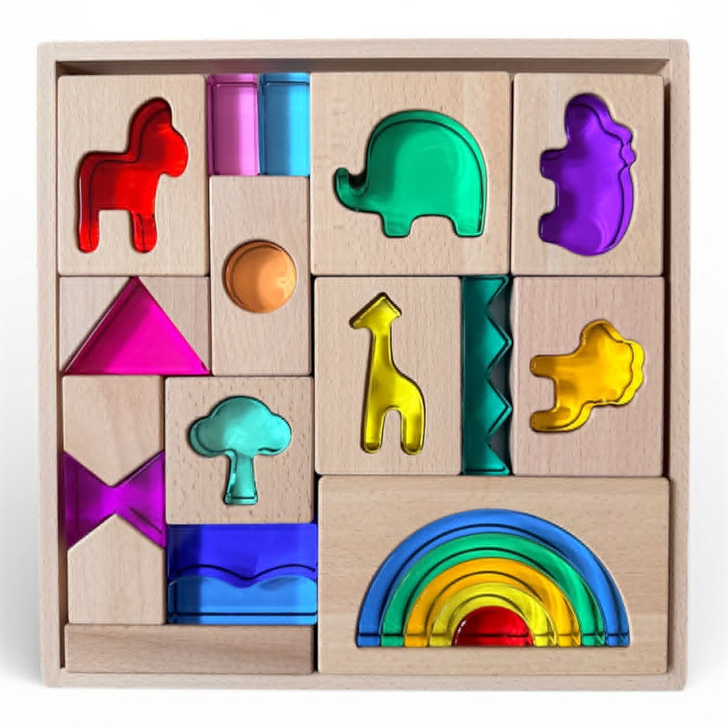 green elephant original design – wild rainbow safari blocks exclusive limited edition wooden & acrylic play set