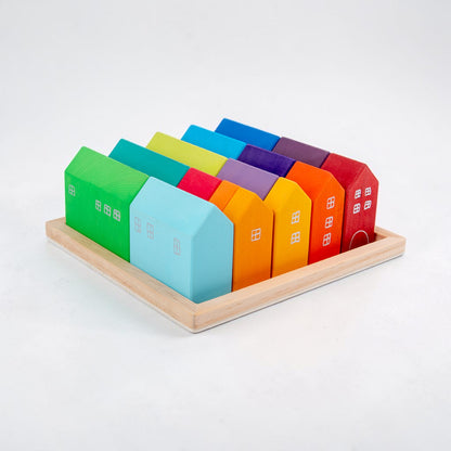 15-Piece Stained Little Village Wooden House Building Blocks Set