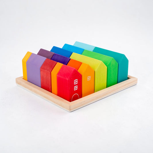 15-Piece Stained Little Village Wooden House Building Blocks Set