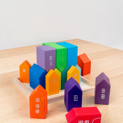 15-Piece Stained Little Village Wooden House Building Blocks Set