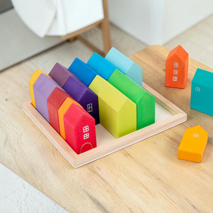 15-Piece Stained Little Village Wooden House Building Blocks Set
