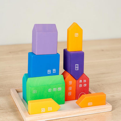 15-Piece Stained Little Village Wooden House Building Blocks Set