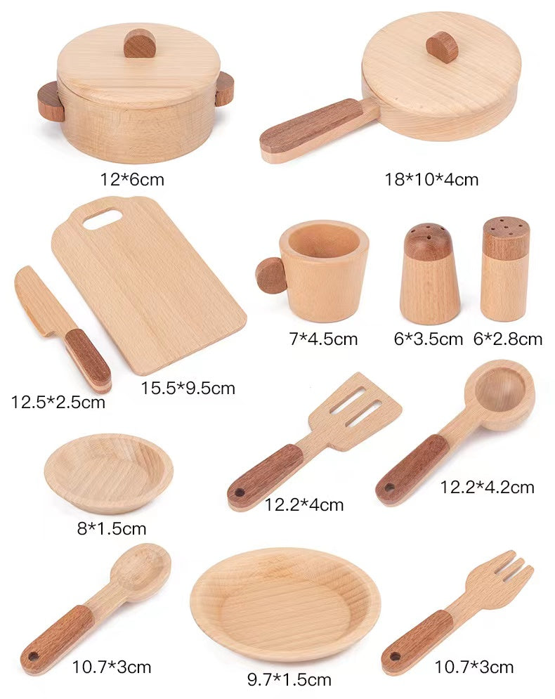 15 Pcs Wooden Kitchen Cookware Playset