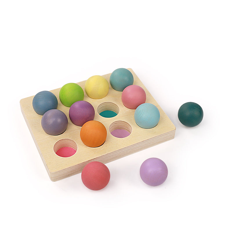 12 Pcs Wooden Balls with Tray in Pastel/Macaron Colors Diameter 1.4 Inches