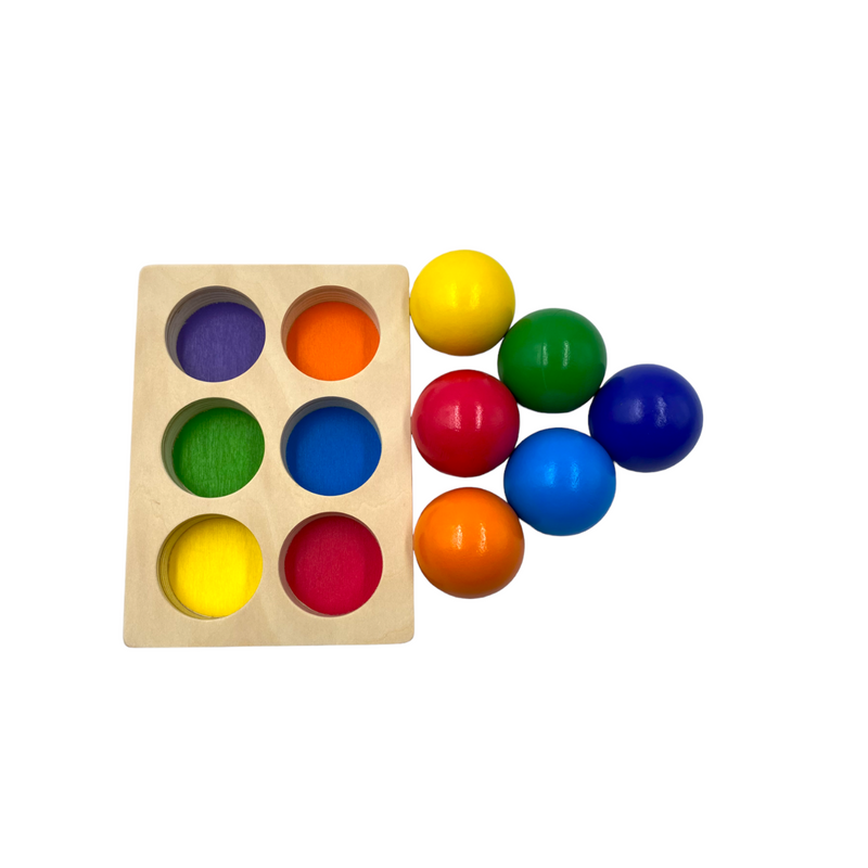 6 Pcs Rainbow Wooden Balls with Tray in Primary Colors Diameter 1.8 Inches