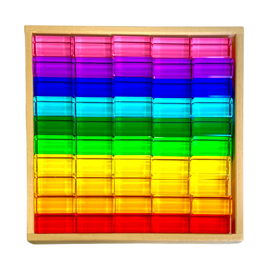 50 Pcs Rainbow Crystal Clear Translucent Rectangular Lucite Building Blocks Set with Storage Tray