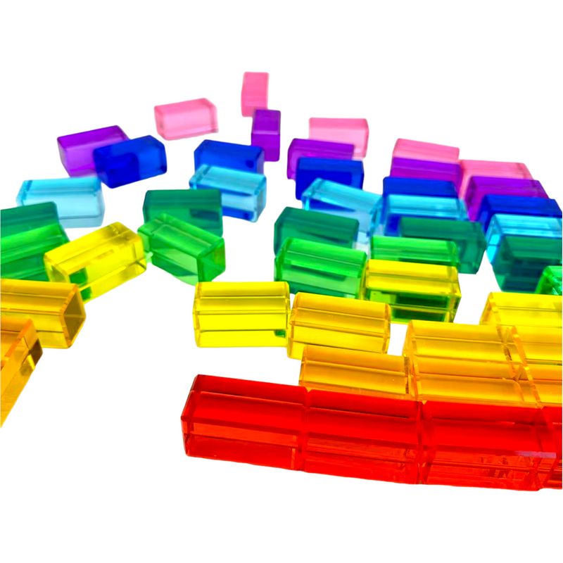 **Pre-order (Ships in 3-4 Weeks)**50 Pcs Rainbow Crystal Clear Translucent Rectangular Lucite Building Blocks Set with Storage Tray