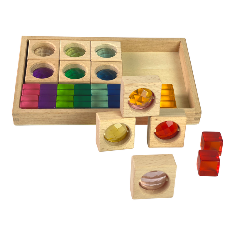 **Pre-order (Ships in 2-3 Weeks)**10 Pcs Square Gemmed Translucent Blocks and 20 Pcs Lucite Cubes Set with Storage Tray