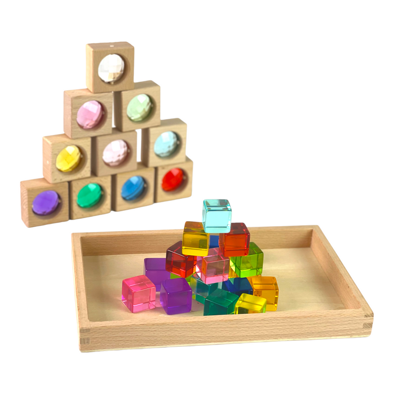 **Pre-order (Ships in 2-3 Weeks)**10 Pcs Square Gemmed Translucent Blocks and 20 Pcs Lucite Cubes Set with Storage Tray