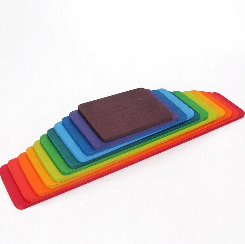 11 Pcs Wooden Rainbow Rectangular Building Boards in Primary Colors