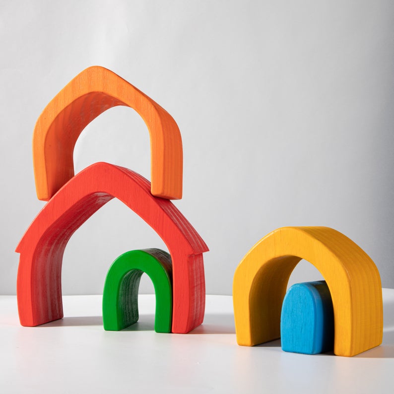 5 Pcs Rainbow Wooden Stacking House