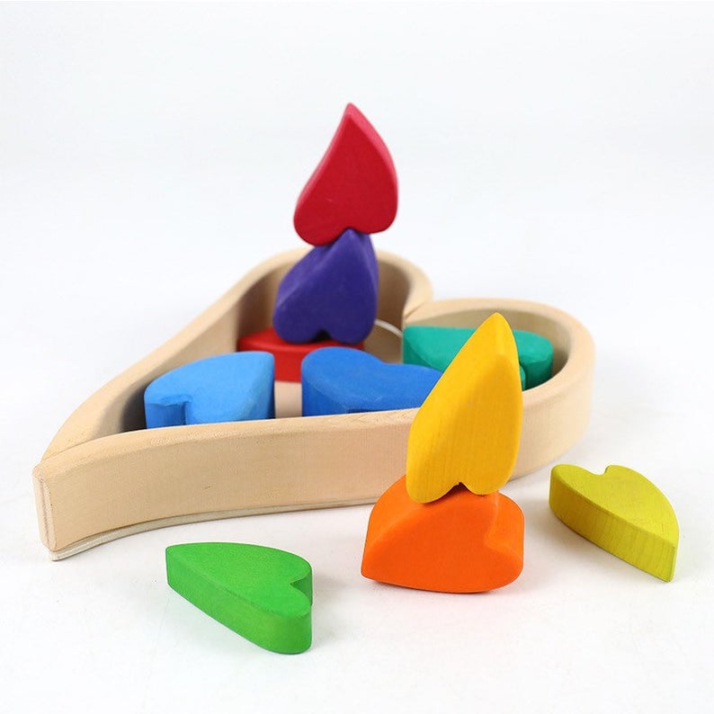 10 Pcs STAINED Rainbow Heart-shaped Wooden Stacking Puzzle Blocks