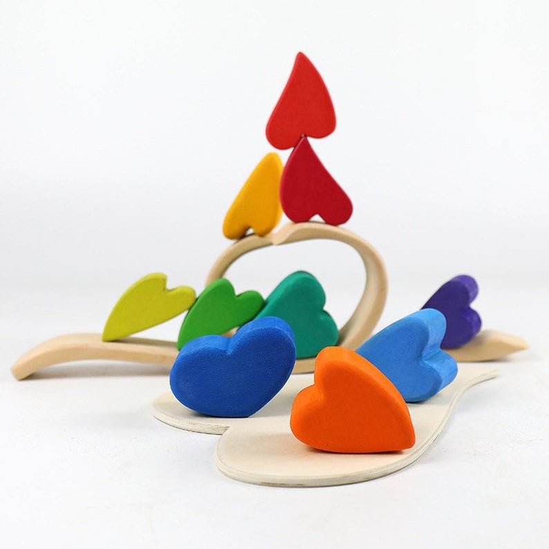 10 Pcs Rainbow Heart-shaped Wooden Stacking Puzzle Blocks