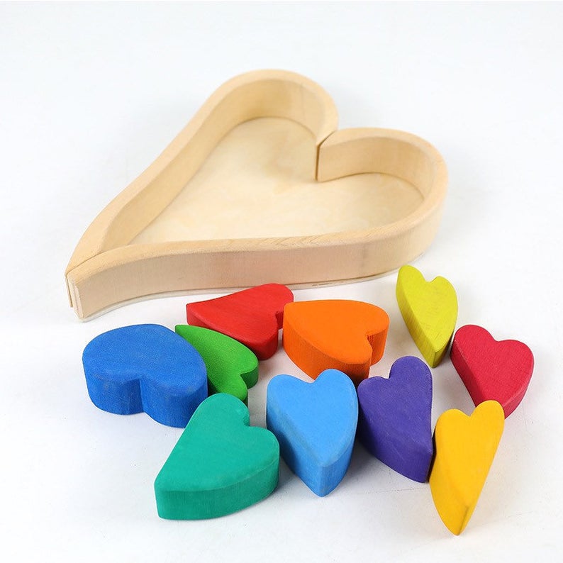10 Pcs STAINED Rainbow Heart-shaped Wooden Stacking Puzzle Blocks