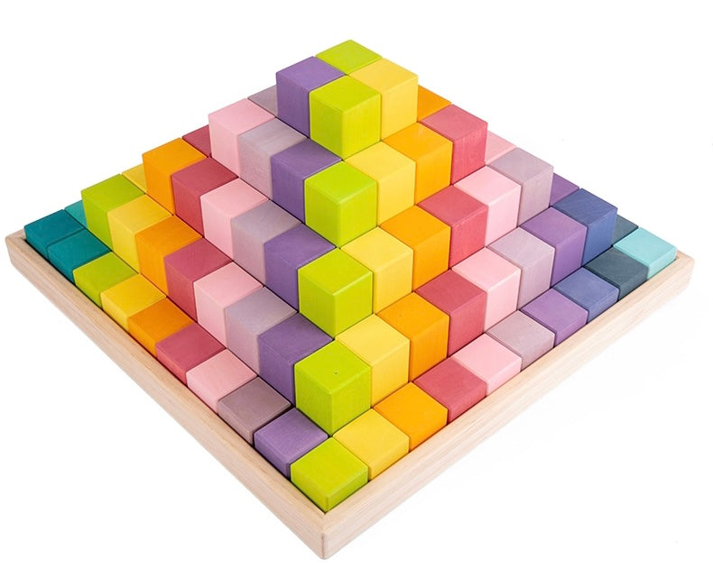 100 Pcs STAINED Large Stepped Pyramid Wooden Stacking Building Blocks in Pastel/Macaron Colors