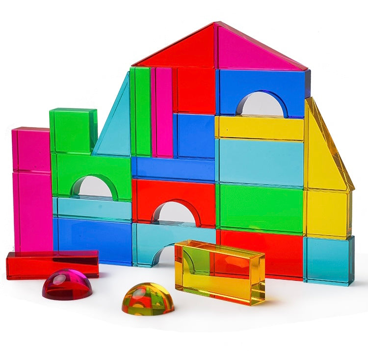 Wedgit Blocks Translucent 28 Pcs Rainbow Translucent Acrylic Sensory Building Blocks with Storag ...
