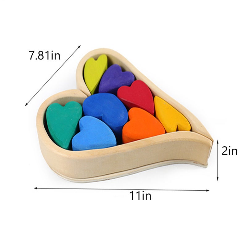 10 Pcs Rainbow Heart-shaped Wooden Stacking Puzzle Blocks