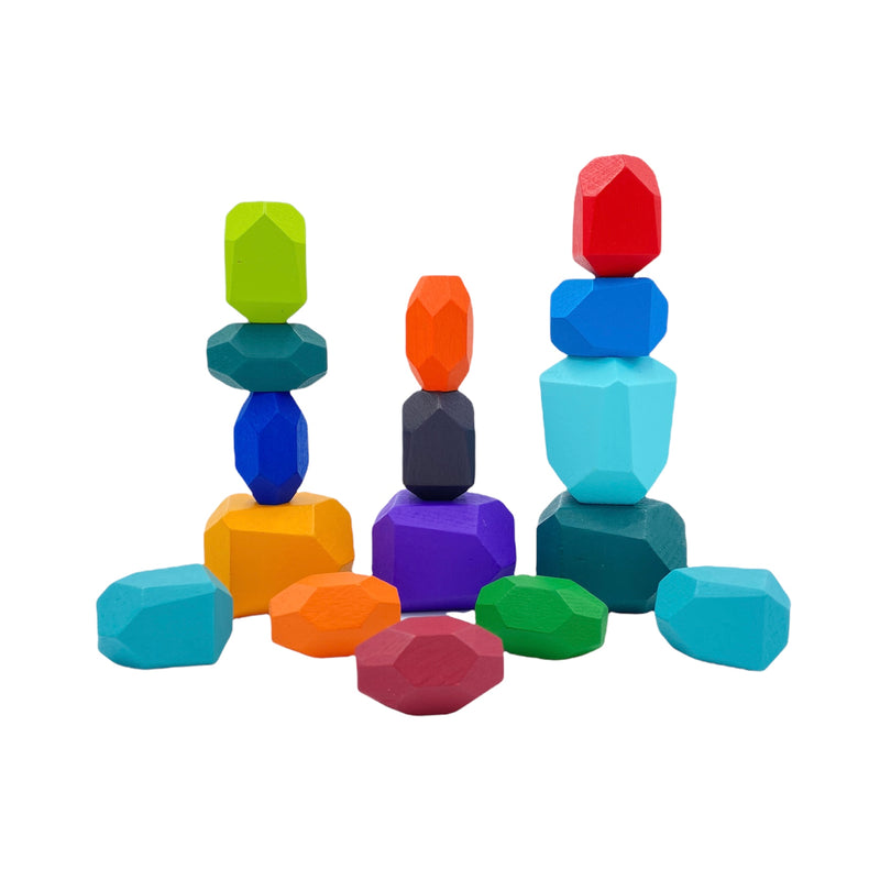 16 Pcs Wooden Stone Balancing Stacking Blocks in Primary Colors