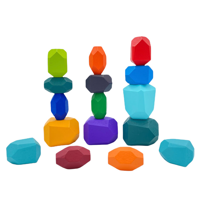 16 Pcs Wooden Stone Balancing Stacking Blocks in Primary Colors