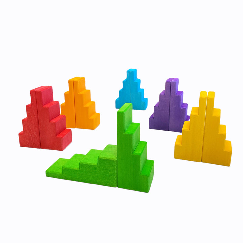 12 Pcs STAINED Stepped Roofs Building Blocks in Primary Rainbow Colors