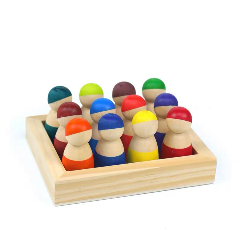 12 Pcs Little Peg Doll People in Tray in Primary Colors