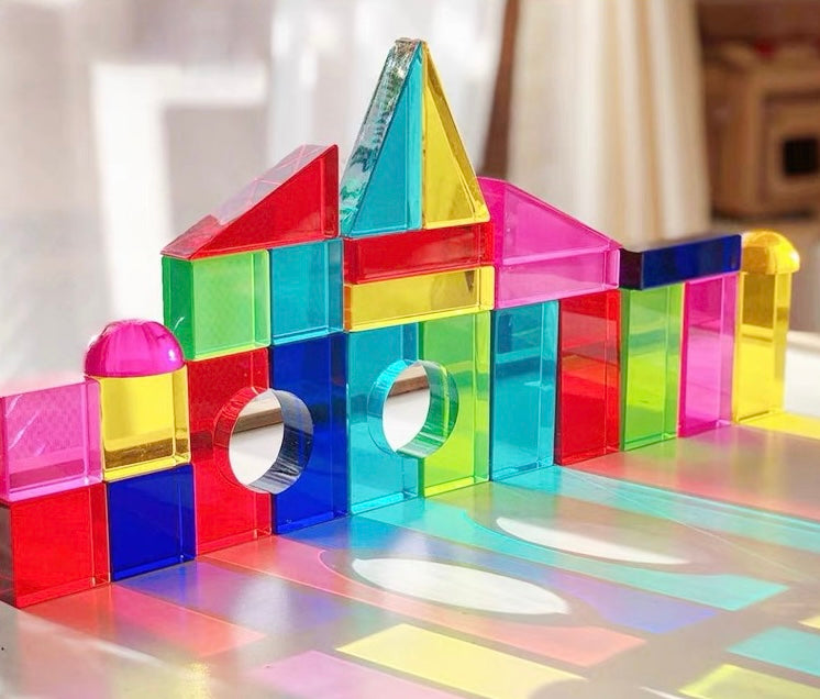 28 Pcs Rainbow Translucent Acrylic Sensory Building Blocks with Storage Tray