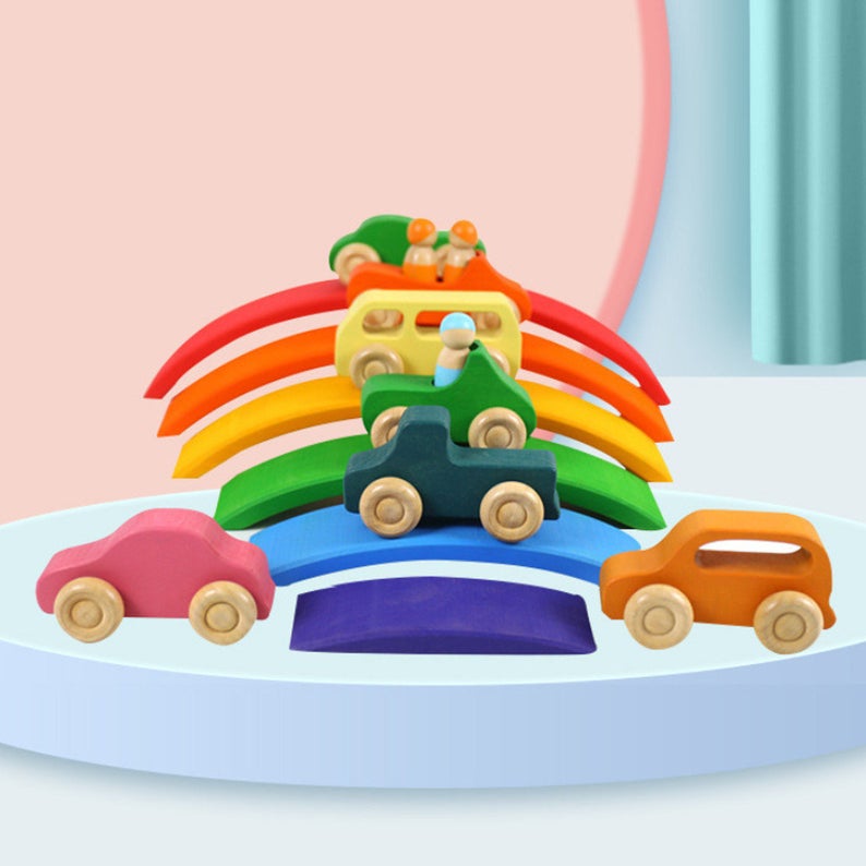 7 Pcs Colored Wooden Rainbow Cars Set with 3 pcs Peg Dolls