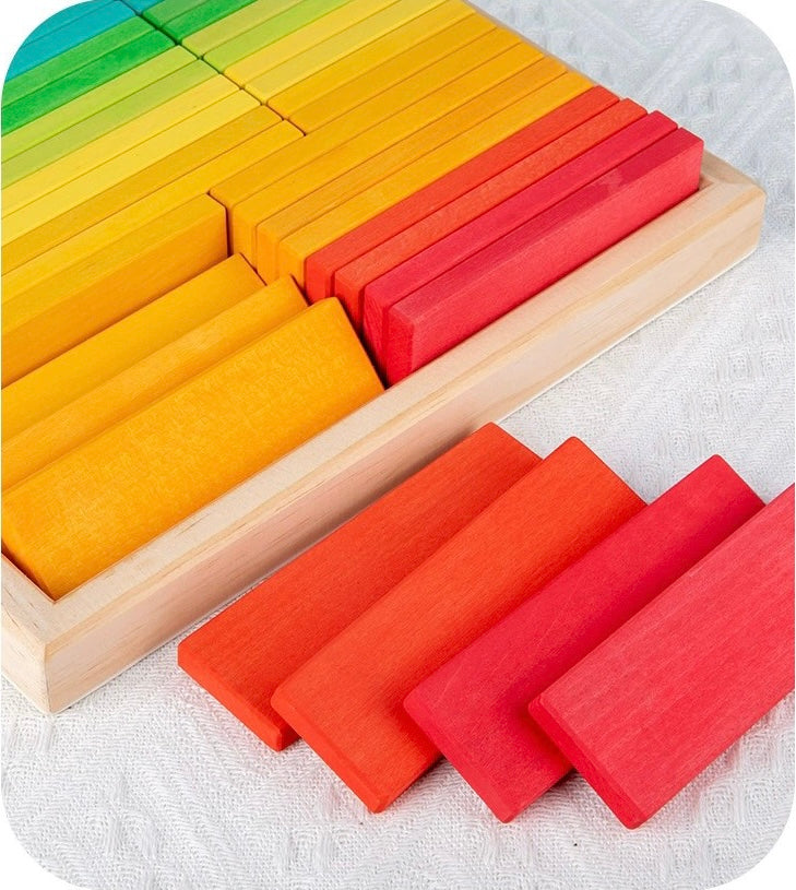 64 Pcs STAINED Large Wooden Rainbow Building Slats with Storage Tray