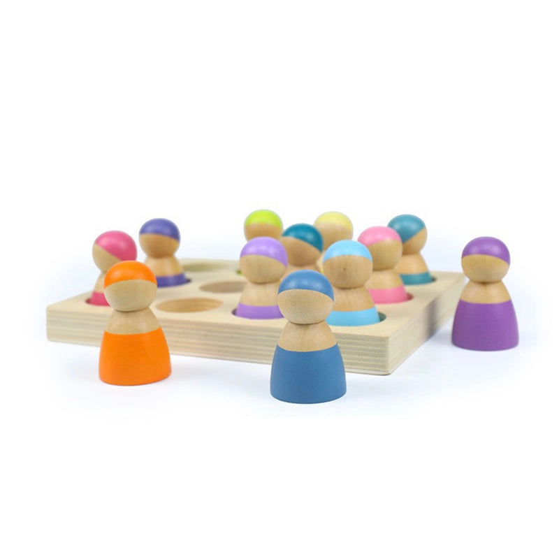 12 Pcs Rainbow Peg Doll People with Tray in Pastel/Macaron Colors