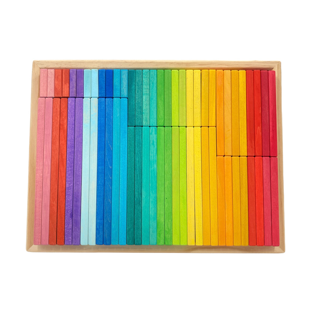 64 Pcs STAINED Large Wooden Rainbow Building Slats with Storage Tray