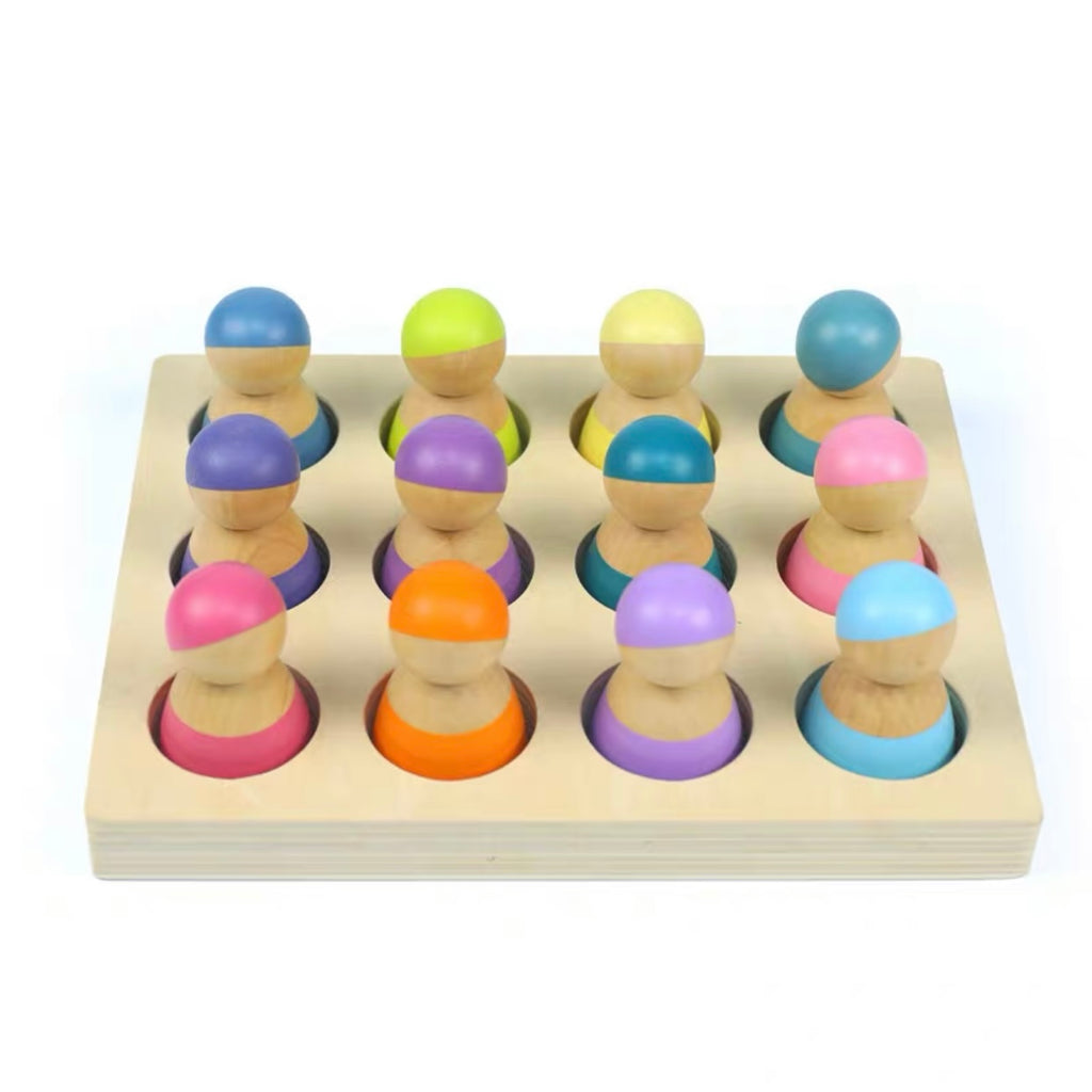 12 Pcs Rainbow Peg Doll People with Tray in Pastel/Macaron Colors