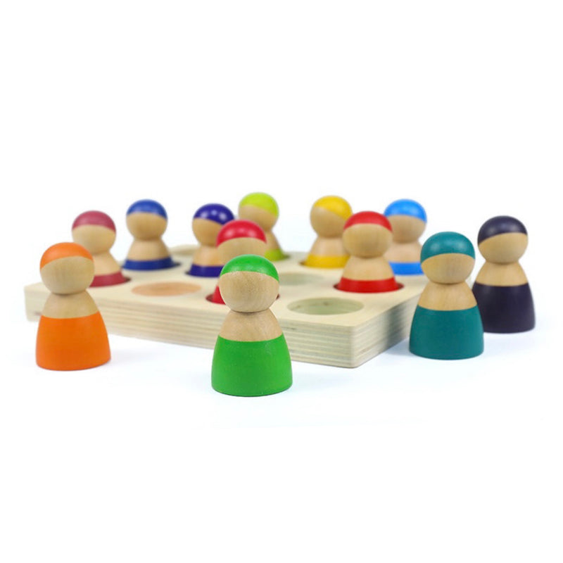12 Pcs Rainbow Peg Doll People with Tray in Primary Colors