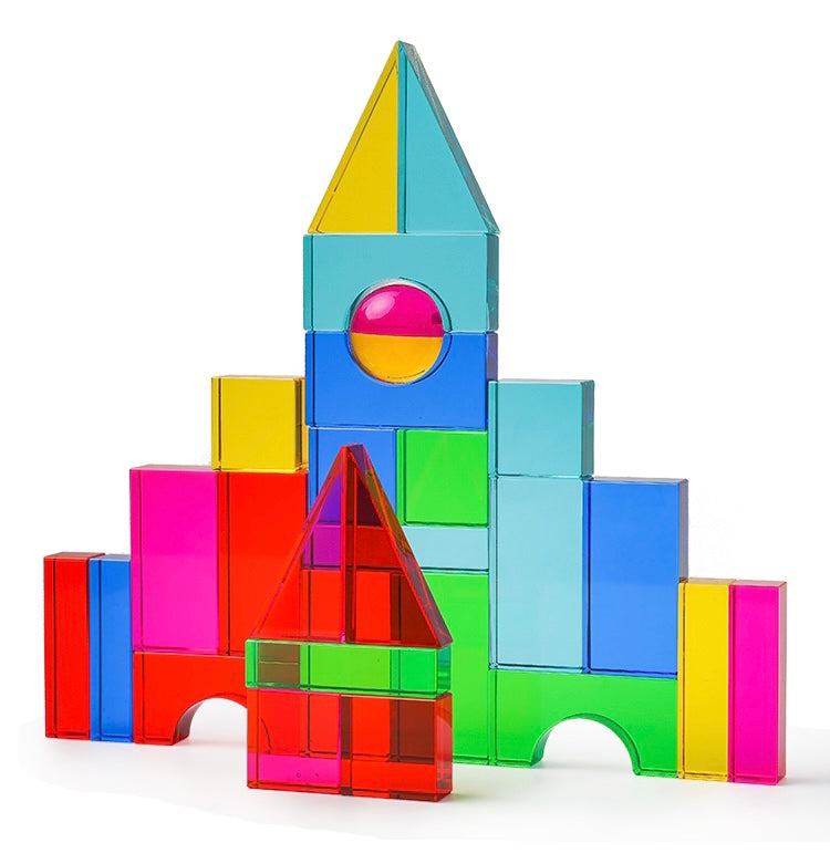 Plastic Translucent Building Blocks 28 Pcs Rainbow Translucent Acrylic Sensory Building Blocks with Storag ...