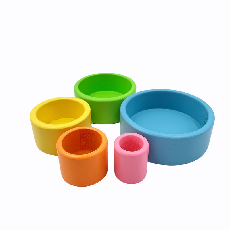 5 Pcs Wooden Stacking Nesting Cup Bowl Set in Pastel/Macaron Color